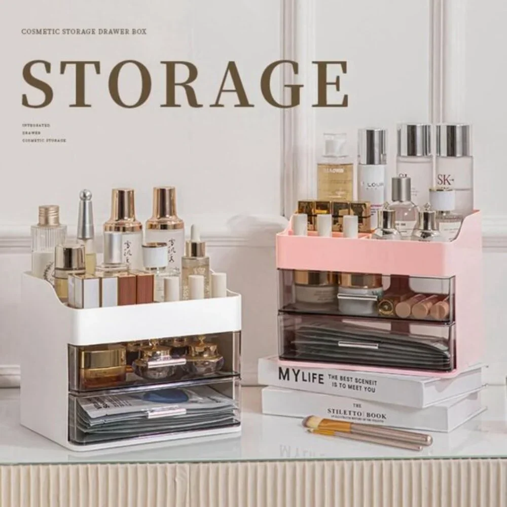 New Pink Makeup & Skincare Organizer, 2-Drawer Vanity Box with Display Case